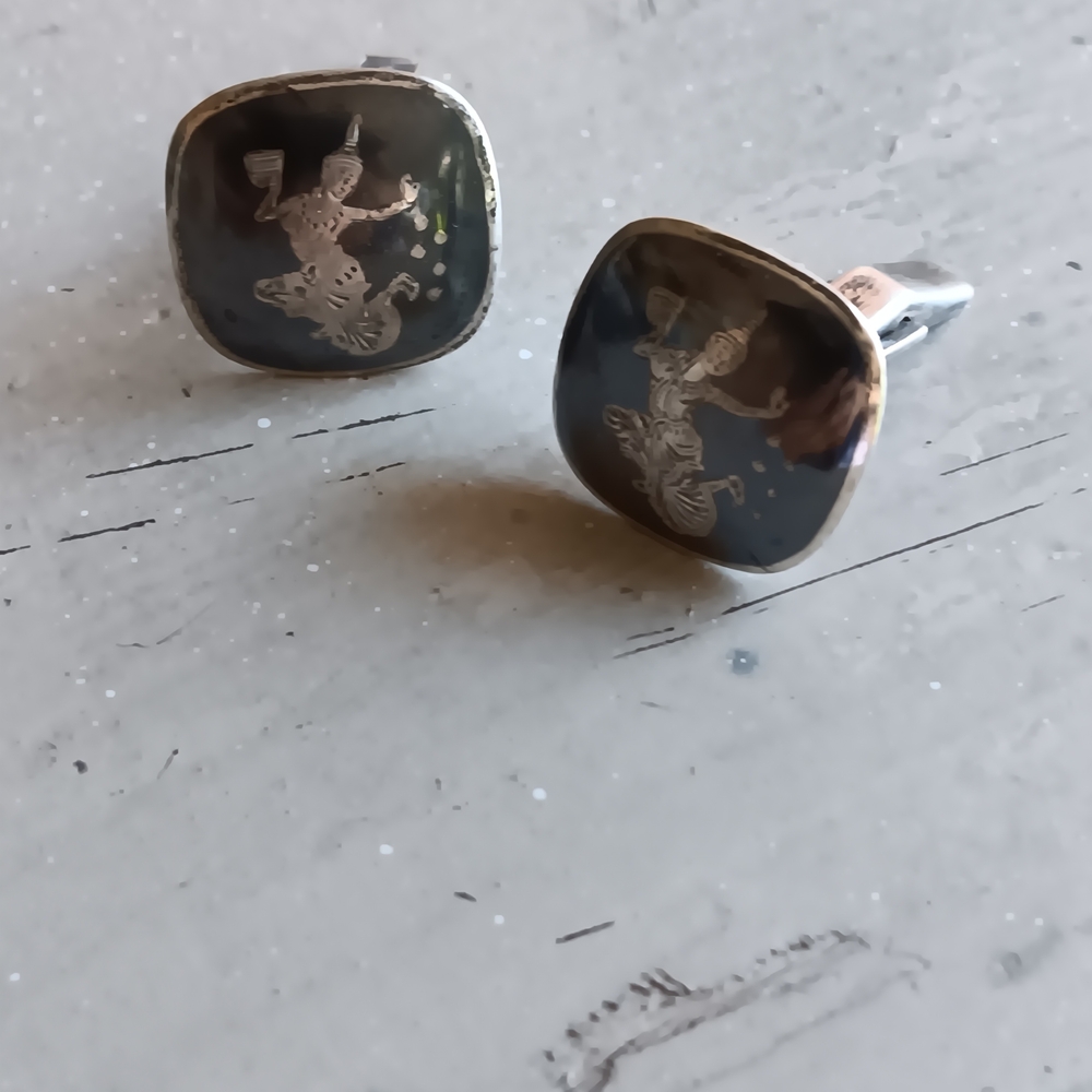 Vintage Siam Sterling Silver Niello Cufflinks Thailand Goddess Dancer Mythology